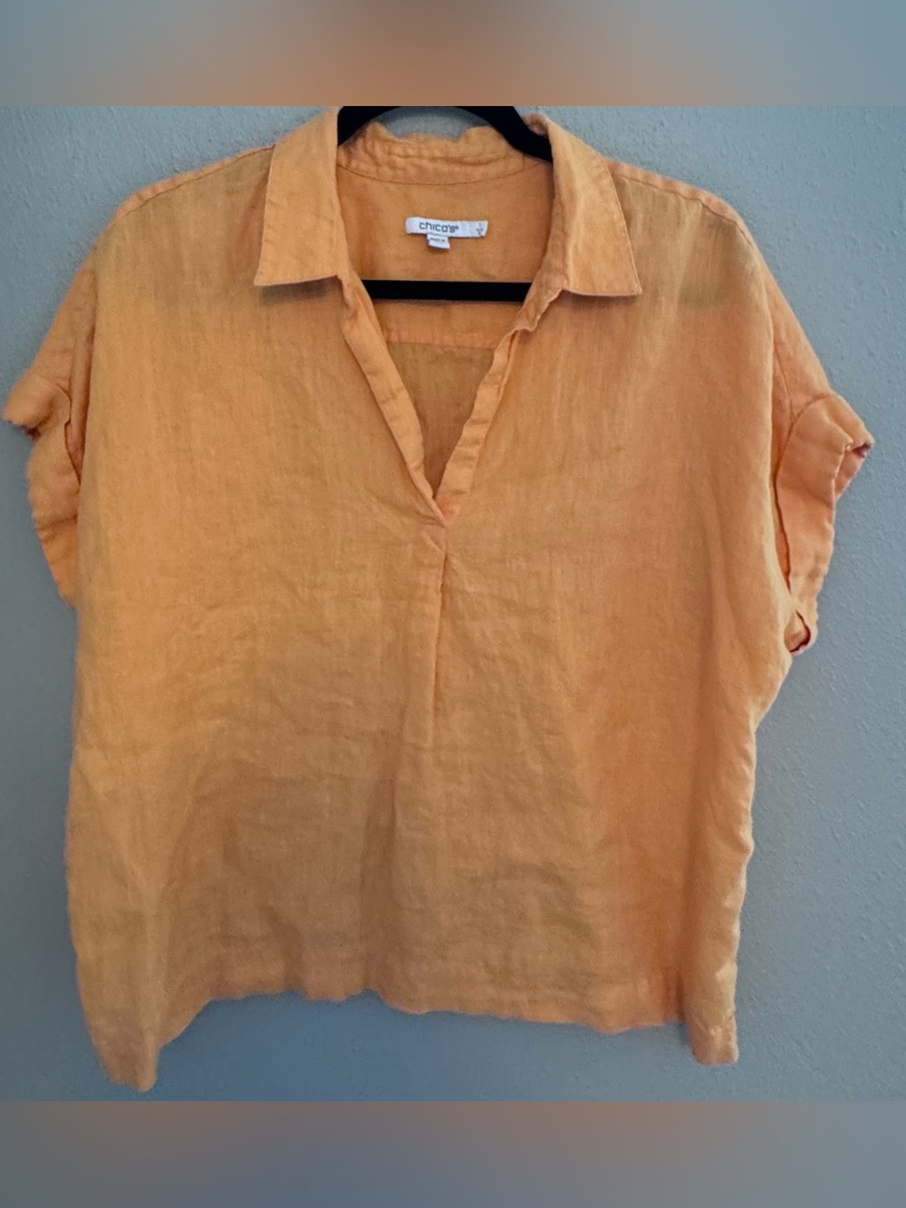 Chico's Peach-Orange Linen Short-Sleeve V-Neck Top